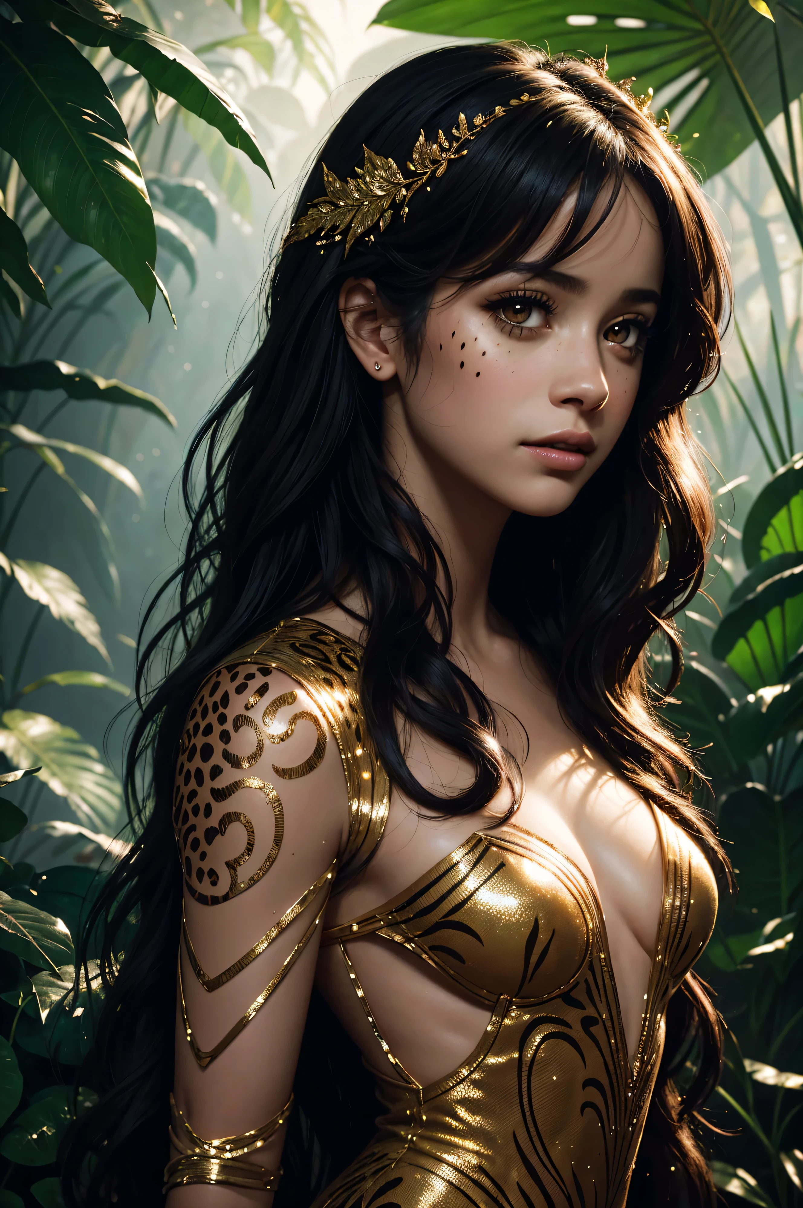 portrait Camila Cabello, wearing cheetah costume, against the background of the rainforest, character portrait, 9 3 9 0 s, wavy hair, intricate, elegant, highly detailed, digital painting, artstation, concept art, smooth, sharp focus, illustration, art by wlop, charlie bowater and alexandra fomina, 36k, glittering, shining, correct anatomy