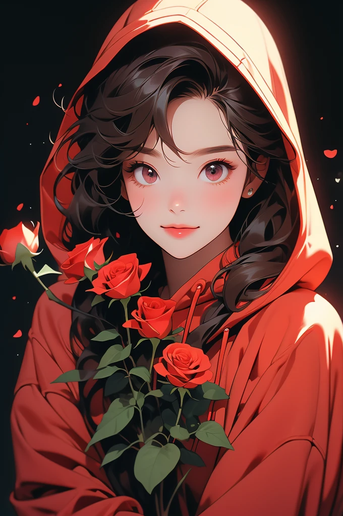 girl with red hoodie holding a red rose with beautiful eyes and face, 1girl, solo, hood, flower, holding flower, brown hair, rose, one eye closed, looking at viewer, black background, holding, long hair, hoodie, simple background, upper body, long sleeves, smile, brown eyes, red flower