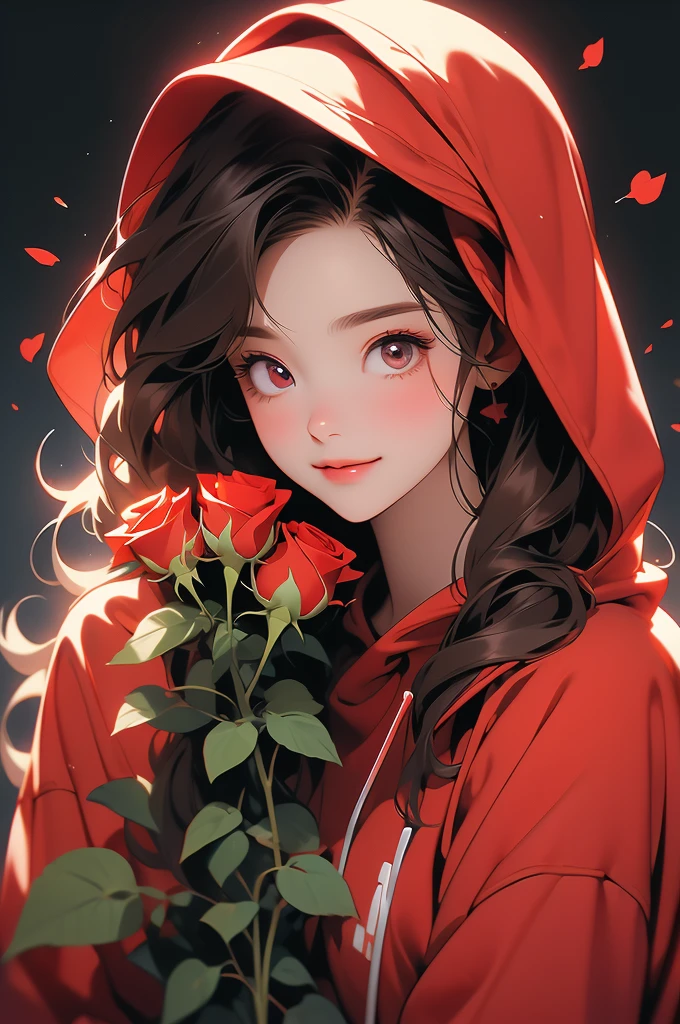 girl with red hoodie holding a red rose with beautiful eyes and face, 1girl, solo, hood, flower, holding flower, brown hair, rose, one eye closed, looking at viewer, black background, holding, long hair, hoodie, simple background, upper body, long sleeves, smile, brown eyes, red flower