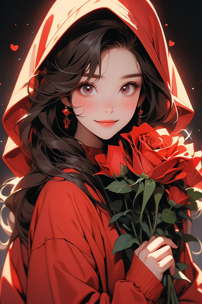 girl with red hoodie holding a red rose with beautiful eyes and face, 1girl, solo, hood, flower, holding flower, brown hair, rose, one eye closed, looking at viewer, black background, holding, long hair, hoodie, simple background, upper body, long sleeves, smile, brown eyes, red flower