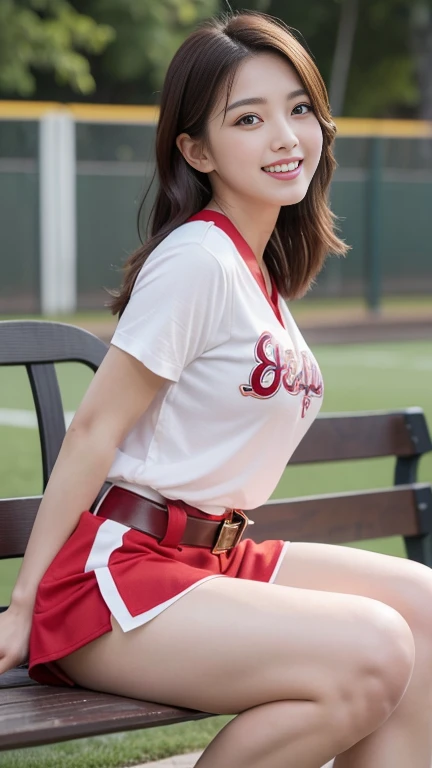 1 girl、(Age 27)、(Highest quality), Realistic, Very detailed, finely, High resolution, (8k), One beautiful woman, (Starry Sky Baseball Stadium)、(Taiwan Rakuten Cheerleaders),(A white T-shirt with a red Rakuten logo))、((Red Belt))、((White shorts))、((From the whole body to the toes:1.3)、((Full Body Shot:1.3))、(Big Breasts)、(Big Ass),(Look back and laugh)、 (Look at me and smile),(Side Shot)、(Side view:1.3)、(photoRealistic:1.3),(From the whole body to the toes:1.3)、(Sit on a bench)、(A smile showing white teeth),