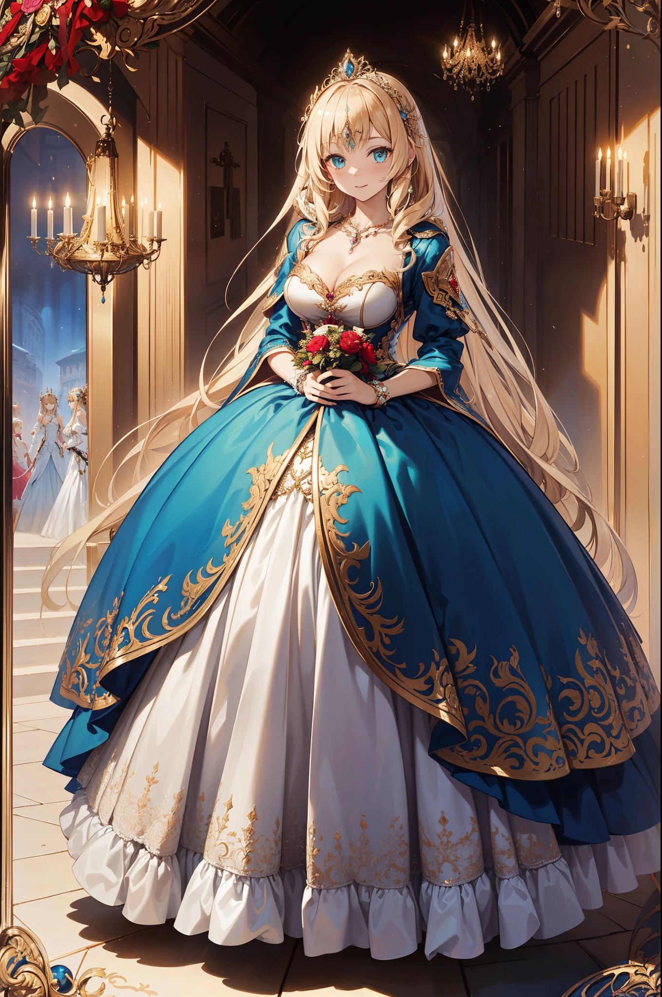 ((Anime art style)),(masterpiece),(best quality), (Super Detail),((Very delicate and beautiful)),1 girl,((Full body portrait)),Stand at the Palace of Versailles,((solitary)),The Art of Mathematics,(((1 princess in a gorgeous Rococo princess ball gown,Wear yours with a voluminous Long skirt))),petticoat,((Beautiful embroidery and jewellery)),Plump frills,transparent,(Gorgeous embroidery and beautiful lace),((Lots of straight hair,Very fluffy hair,Very long straight hair)),((Delicate face and eyes)),Extremely gorgeous hair accessories,(A jewel-studded crown),(Gorgeous gemstone jewelry,shining gold),Long veil,(Beautiful background),Whole body love,((Gorgeous Rococo princess ball dress,Wide, Long skirt)),Light repaint