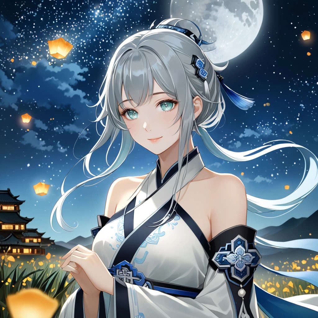 score_9, score_8_up, score_7_up, score_6_up,1girl, guizhong_\(genshin_impact\),(grey hair),short_hair_with_long_locks in front and low ponytail in back,gradient_hair,(pale grey eyes with seafoam gradient),starry_sky_print,detached_sleeves white outside blue starry inside, hands completely hidden by long sleeves,stunning field of softly glowing cerulean and white glaze lilies,night scene,gentle smile,face focus, eye focus,ladyshadow,moonlight,glossy lips,vivid anime coloring,cel shading,smooth, soft dreamy focus,anklet,halter_top,white clothes,highly detailed,digital painting,bare_shoulders,barefoot,cool night tones, magical night scene,geo crystalflies,professional,anemo colored fireflies,nebula of stardust and silvery vapor,harmonious blend of nature and art,transcendent beauty,awe-inspiring artwork,(best quality,4k,8k,highres,masterpiece:1.2),yunamaro,carnelian,dsmile,cosmic stardust,guizhong, guizhong's def clothes, 1girl, long hair, blue eyes, barefoot, guizhong's dress, hair ornament, chinese clothes, sleeves past fingers,