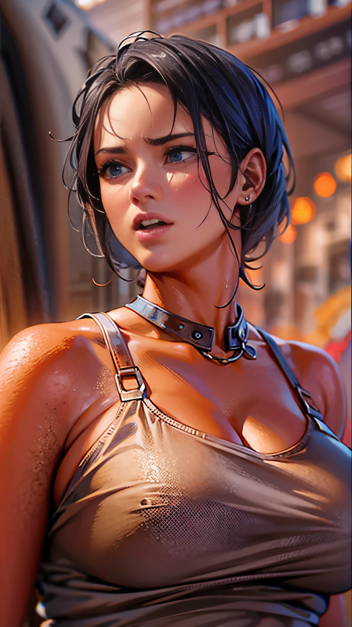 Extremely realistic and detBeautiful woman being pinned from behind by a man, frustrated expression, embarrassed, flushed face, rolled up tank top, exposed breasts, exposed nipplesailed image quality, vivid and rich colors, lots of details, unbelievably huge saggy breasts, tight waists, stunning beauties, one shot per screen.