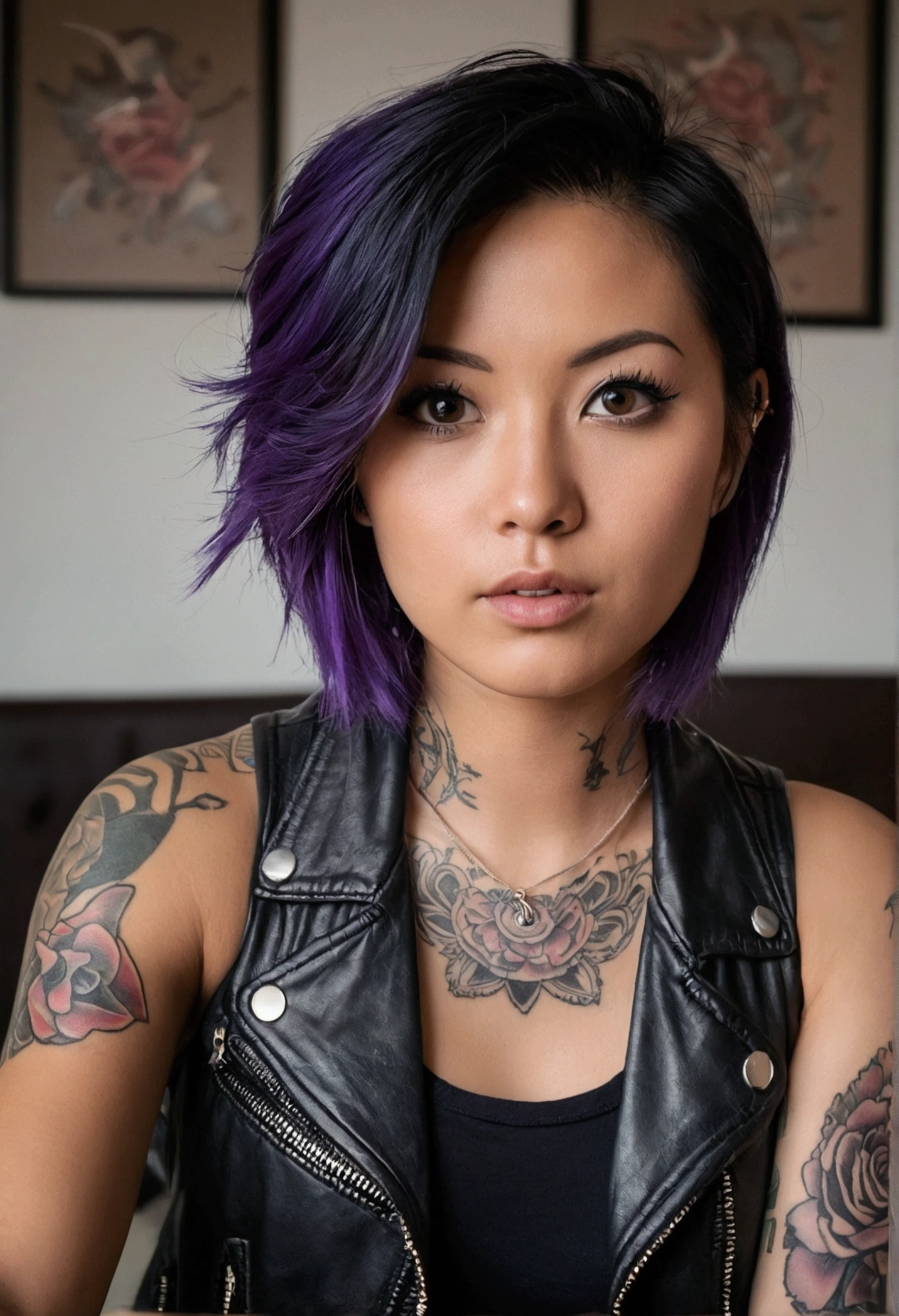 asian woman, short black hair, wearing a tanktop, jeans and leather jacket, covered in tattoos, fille sexy aux yeux bruns, Portrait, cheveux bruns et grands yeux, selfie of a young woman, Yeux de chambre, Violet Myers, sem maquiagem, looking straight at camera, Visage avec Artgram, Maquillage subtil, Superbe photo du corps entier, dans la chambre, clivage, des fesses moyenne