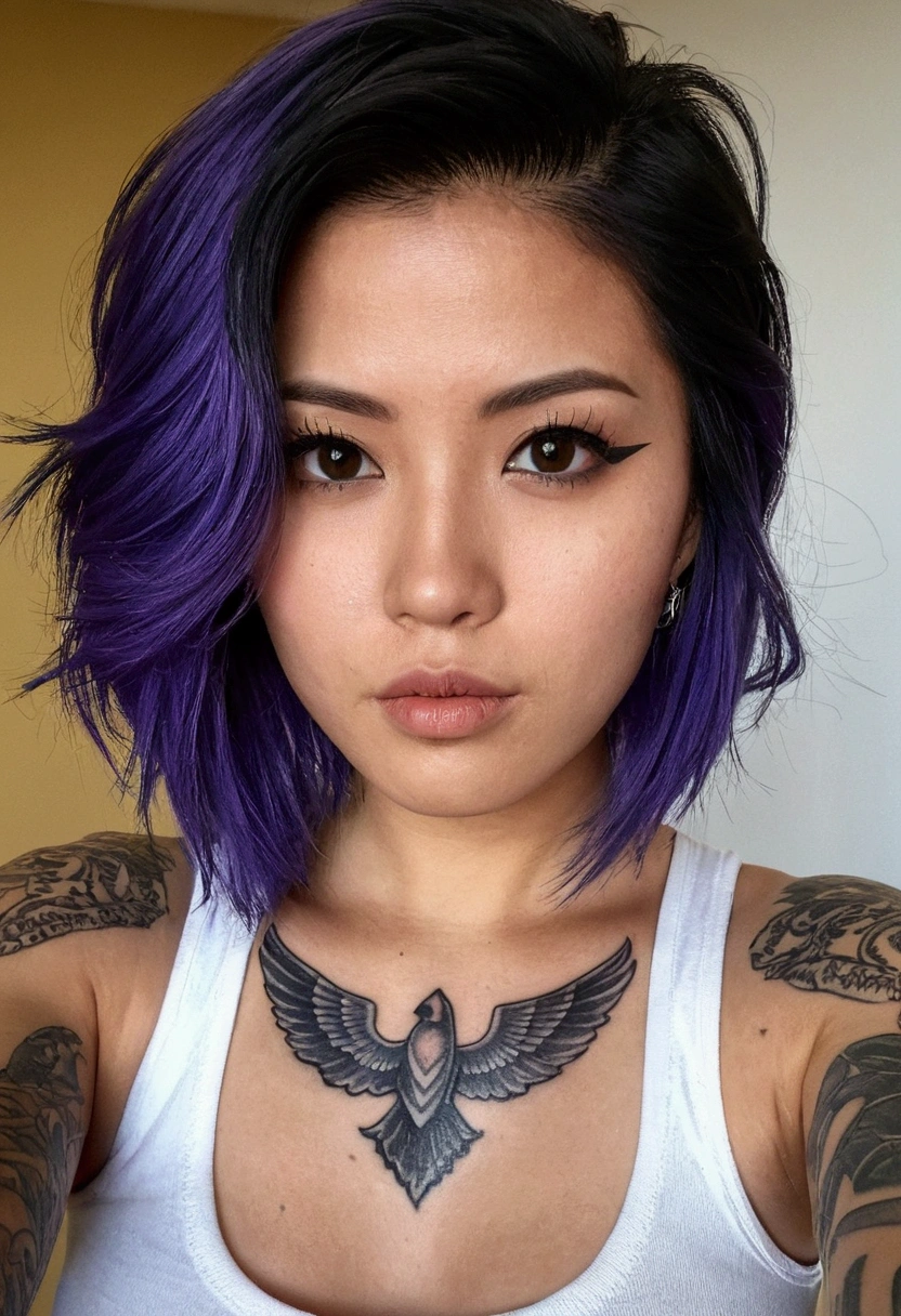 asian woman, short black hair, wearing a tanktop, jeans and leather jacket, covered in tattoos, fille sexy aux yeux bruns, Portrait, cheveux bruns et grands yeux, selfie of a young woman, Yeux de chambre, Violet Myers, sem maquiagem, looking straight at camera, Visage avec Artgram, Maquillage subtil, Superbe photo du corps entier, dans la chambre, clivage, des fesses moyenne