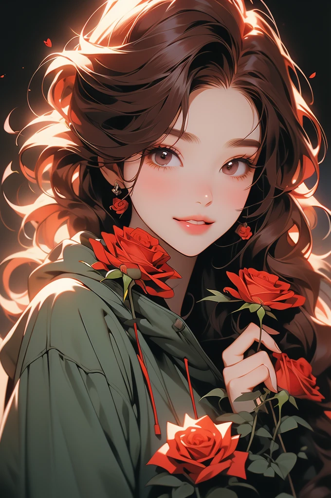 a beautiful girl with red hair holding a rose up to her face, 1girl, solo, hood, flower, holding flower, brown hair, rose, one eye closed, looking at viewer, black background, holding, long hair, hoodie, simple background, upper body, long sleeves, smile, brown eyes, red flower