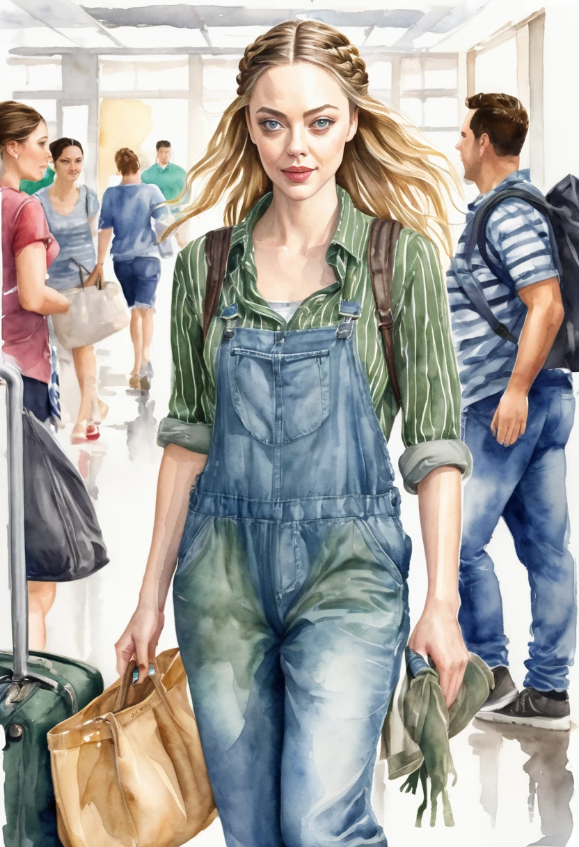 Realistic watercolor illustration of a beautiful woman. She looks like Amanda Seyfried. She is dressed in a baggy jean jumpsuit with a striped t-shirt and has her hair braided, and the braid is so long that it touches the floor. The scene is meant to depict the woman gathering the things that fell out of her purse on the airport floor. A tall, golden-skinned man with green eyes and short black hair, athletic, looks at her as he gathers his things.