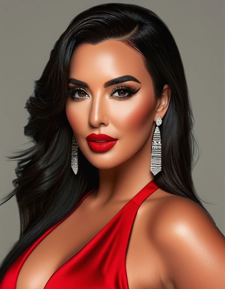 A waist-up portrait of a beautiful female whose face combines features of Kim Kardashian + Demi Lovato. The female has lovely makeup on her face. The female wears red lipstick. Symmetrical eyes. Symmetrical face. Lovely details. Photorealistic. Full-colored photo. Professional photo. Highly detailed 8K.