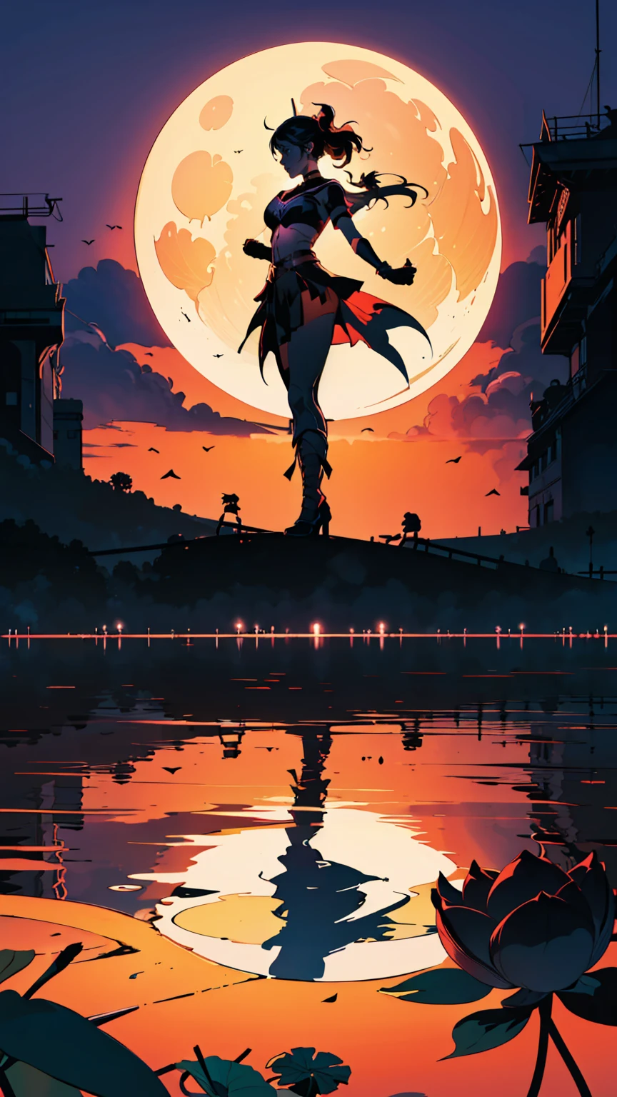 (Heroine silhouette:1.5),Strong dynamics,on the lake,hight contrast, movie lighting, Enigmatic Atmosphere,,lotus flower,Lotus leaf,a moon
