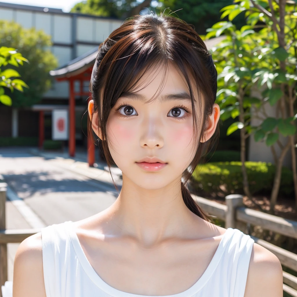 (Beautiful  Japan woman), Cute Face, (Deeply chiseled face:0.7), (freckles:0.6), Soft Light,Healthy white skin, shy, ponytail, (Serious face), (Sparkling eyes), thin, big boobs, tiny top