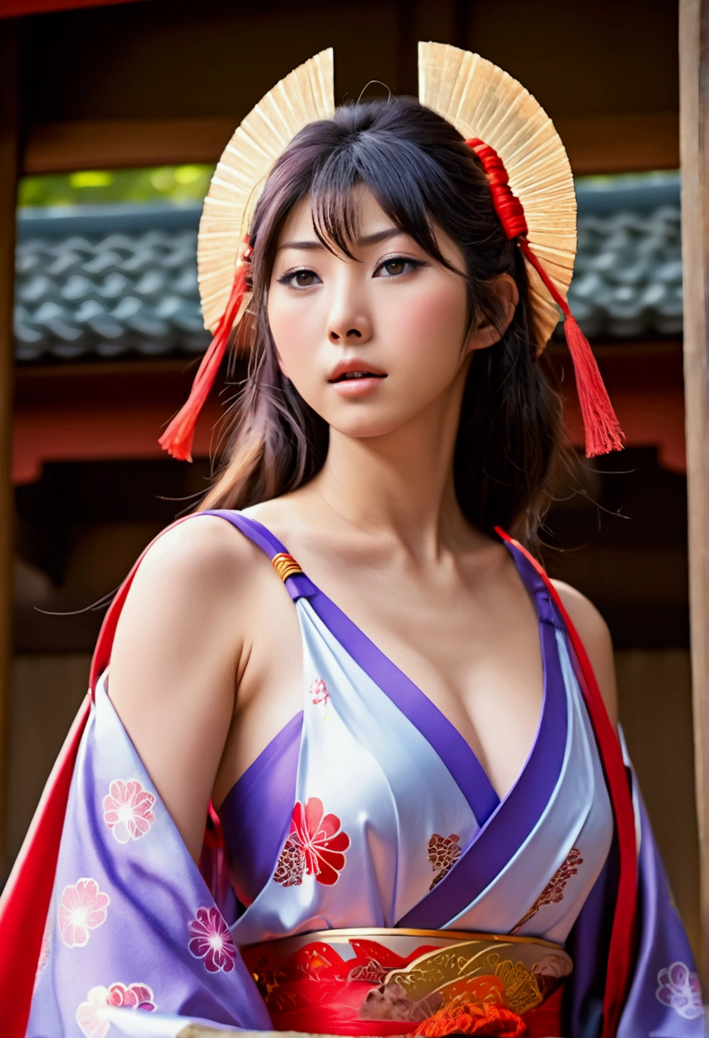 Beautiful Shrine Maiden: , 18-year-old, (Japanese Gods:1.6), Large Breasts, romanticism painting, beautiful Perfect Face, Soft Skin, Perfect Face,  Large and firm breasts, Hard nipples, Muscular, Exposing breasts, Cleavage is exposed, Add light purple and purple, Add Light Red, Intricate details, Splash screen, 8k resolution, masterpiece, dynamic sexy pose, Sweat, long red cape, (Background of the shrine grounds, performer, ),  Rainbow light, Sharp eyes, break, Strong winds, Colorful light,