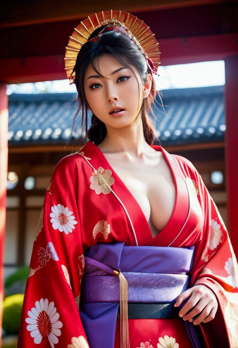 Beautiful Shrine Maiden: , 18-year-old, (Japanese Gods:1.6), Large Breasts, romanticism painting, beautiful Perfect Face, Soft Skin, Perfect Face, Large and firm breasts, Hard nipples, Muscular, Exposing breasts, Cleavage is exposed, Add light purple and purple, Add Light Red, Intricate details, Splash screen, 8k resolution, masterpiece, dynamic sexy pose, Sweat, long red cape, (Background of the shrine grounds, performer, ), Rainbow light, Sharp eyes, break, Strong winds, Colorful light,