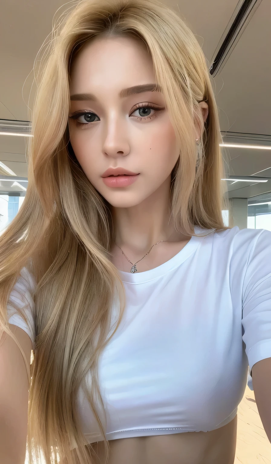 ((best quality, 8k, masterpiece: 1.3)), ((beautiful russian woman)), 1 woman, small breasts: 1.3, slim figure: 1.1, toned abs, blonde semi-long hair, (office, transparent T-shirt), super detailed face, detailed lips, detailed eyes, double eyelids, realistic photo