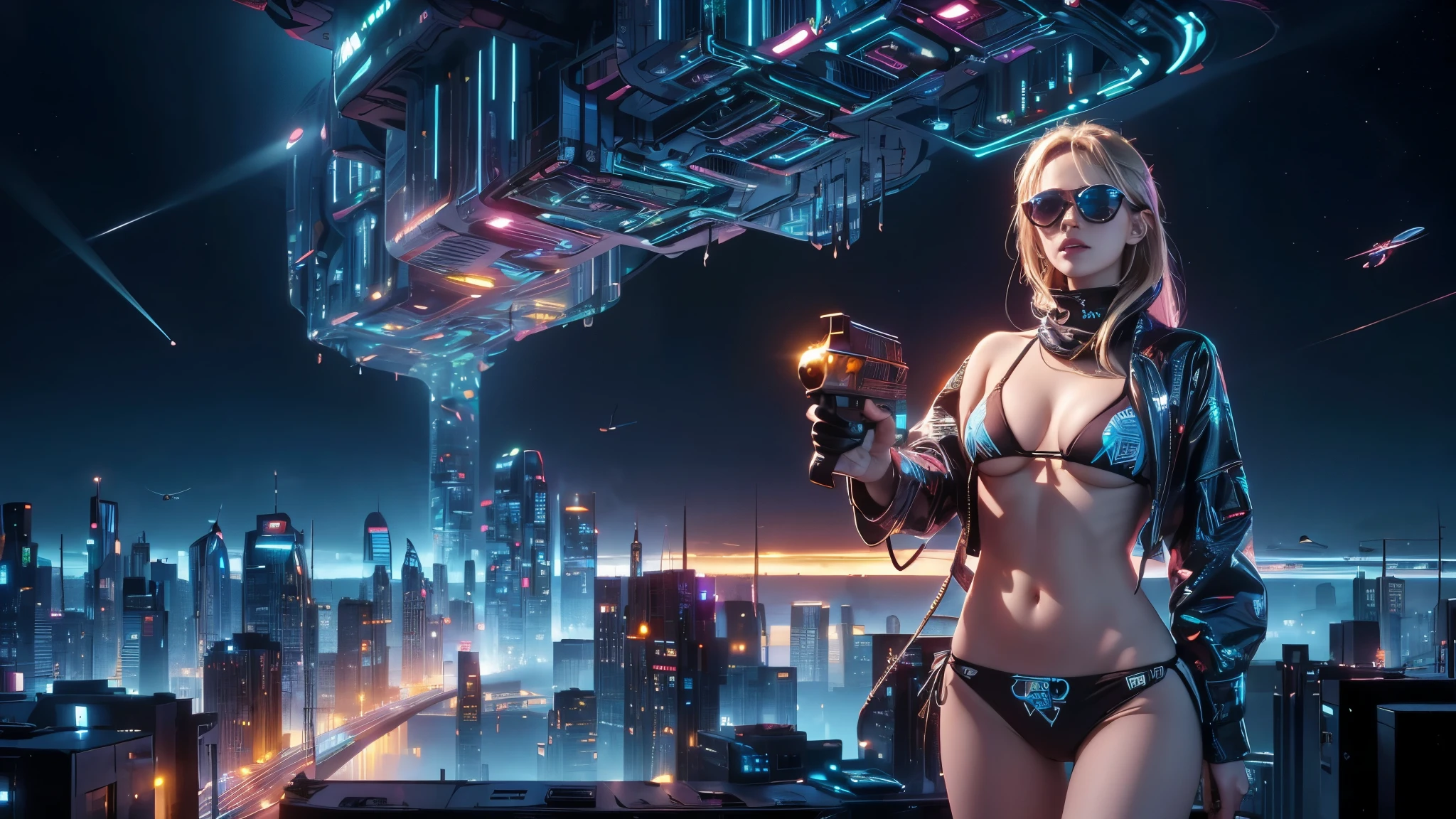 (((a medium-breast bikini slim GIRL with black micro sunglasses))), (((aiming at viewer with a pistol))), a balcony of a futuristic building, aerial view of an ultra-futuristic megalopolis, many metal buildings and houses in dark colors from dark blue to black, a cidade tem tons de cinza metal, has smoky metal structures , industrial environment with smoke and fog around, carros escuros nas ruas, desert megalopolis, trilhos e trens modernos de de metal passando estre as ruas da cidade, tall futuristic metal buildings, many ultra modern buildings around, realistic, detailed, sci-fi.