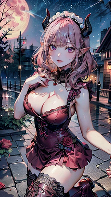 (masterpiece, Highest quality:1.3), (Very detailed:1.2), (hyperRealistic:1.3), (RAW Photos:1.2), High resolution raw color photos, Professional photos, (PhotoRealistic:1.4), (Realistic:1.4), (Pink Hair:1.5), Professional Lighting, Perfect Anatomy, (Big Breasts:1.3), (blush, Detailed face), (Bright smile:1.5), Trending Hair&Trending Hairカラーをランダムに, Earrings, necklace, bracelet, sexy, erotic sexy, ランダムでsexyなグラビアポーズ, いろいろなsexyポーズ、Randomly々pose、(Beautiful cosplayer in a red gothic ta dress、She floats under the full moon and the starry sky、Black rose in hand。Lace headdress on head、She is wearing red boots。: 1.3)、Succubus、devil、It has two red horns on its head.、Has two horns on its head,Big horns、It has a big red feather growing on its back.
