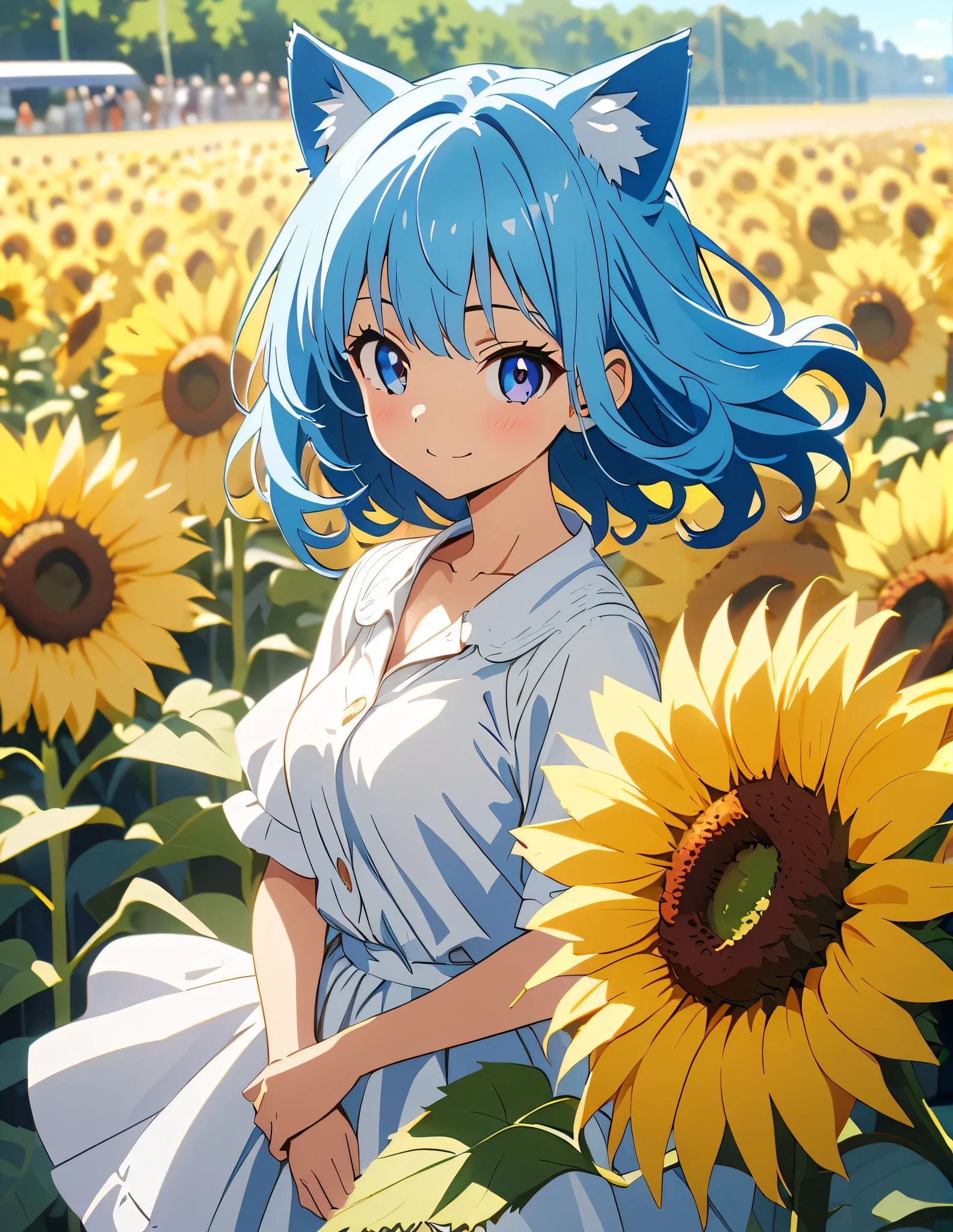 (anime artwork, anime style, studio anime, very detailed, up to date, vibrant, Anime Coloring, high contrast, masterpiece:1.2, best quality, best aesthetics),{{774inc}},{{souya ichika}},{{summer clothes}},1 girl,blue hair,light smile,sunflower park,sexy pose,crowd,cat ear,ultra-detailliert
