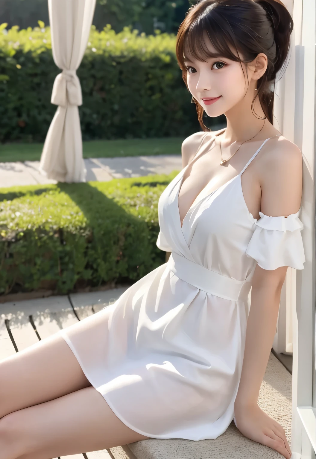 masterpiece、Highest quality、whole body、One Girl、bangs、Japanese、Long black hair、ponytail、Gazing at the audience、white、sunflower、evening、smile、alone、Stylish woman、Pastel colored outfits、stop temporarily、front、terrace、Luxury background elements、look back、Confident expression、Modern and trendy、Fashion focused