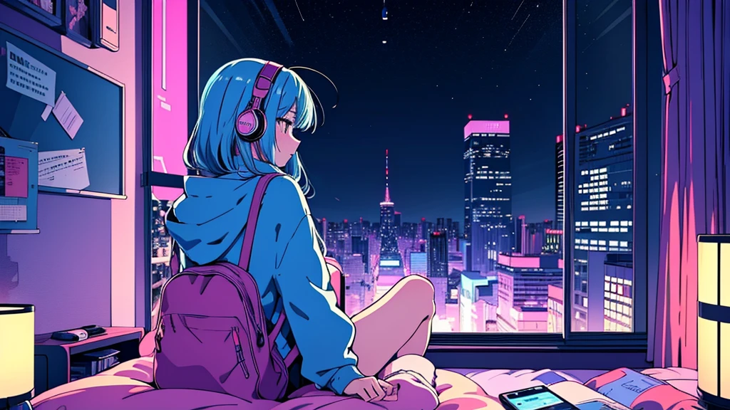 Ultra Wide Angle, (From behind), Girl listening to music in bed with headphones, Anime Girls, Girl listening to music in a cozy room (night), Use headphones, On the roof, (beautiful night views from windows), Lots of things, 2D Anime Style, The aesthetics of anime in the 90s, Lo-Fi, Very detailed, hard disk, A mix of anime style and Fujifilm, Surreal, 8k, masterpiece