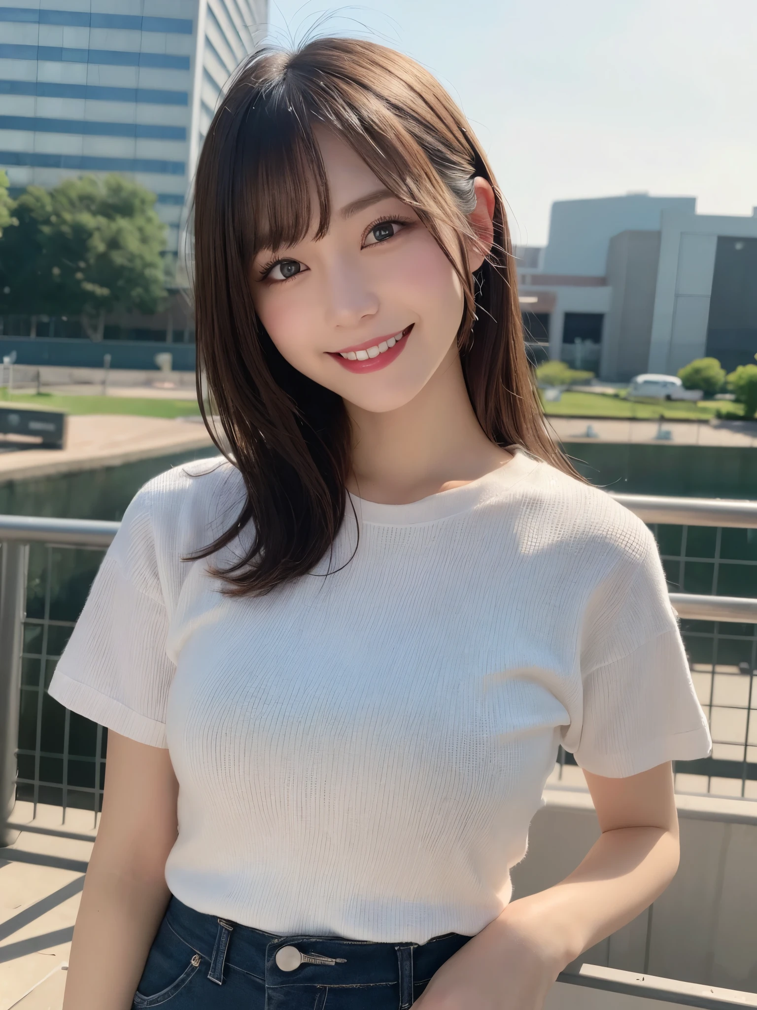 masterpiece, best quality, illustration, ultra-detailed, finely detailed, high resolution, 8K wallpaper, perfect dynamic composition, beautiful detailed eyes, hobbies, sports, casual clothing, medium hair, small breasts, energetic pose, smile, looking at camera