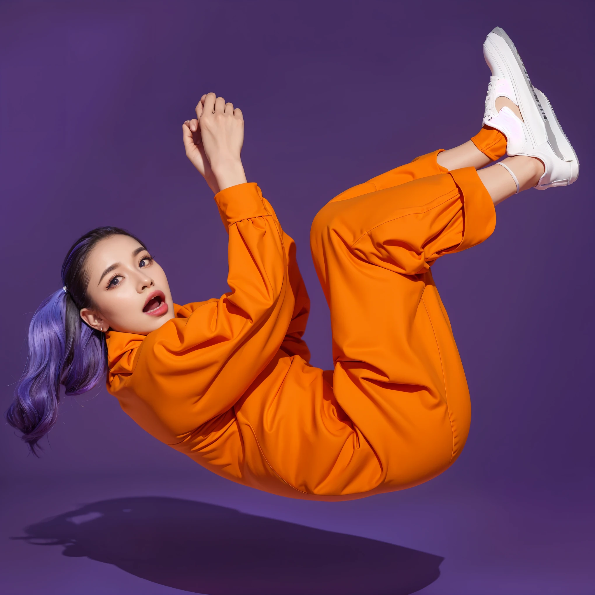 This dynamic image captures a woman in a striking pose, dressed entirely in vibrant orange. Her outfit, consisting of an orange jumpsuit and matching sneakers, pops against the deep purple background. The pose is unusual and animated, with her body curled up, hands clenched, and a facial expression that conveys shock or surprise. This theatrical setup, combined with her alarmed look, gives the image a sense of motion and an almost playful drama, as if she's in the middle of an energetic Create a hyper-realistic 4K image of a fantasy character with striking hair and sharp, wolf-like ears against a vibrant purple background. The character has intense, glowing eyes and wears dark lipstick, enhancing her mystical allure. Her hair flows wildly around her face, adding to her fierce appearance. She wears a modern dark blouse with a prominent white collar, giving her a stylish yet intimidating look. The overall tone should capture a strong contrast between her dark features and the bright background, emphasizing her bold personaand a touch of whimsy. 3d model, multiple light sources, rim light, sharp post broken glass magic ball of turquoise color with fragments lying nearby frame above from above on a white background effects render, (glossy plastic texture with multiple big light probe refractions), perfect cgi, smooth silhouette, high intensity refraction, (super glossy plastic material), most beautiful vfx, , realistic, 4k, high resolution, rim light, smooth 3d model, multiple light sources, rim light, sharp post effects render,, realistic, 4k, high resolution, rim light detailed digital art, reflective, best quality, 4k, masterpiece:1.2, ultra-detailed, realistic, vivid colors, The image of the highest quality, ensuring every detail showcased perfectly. It in 4k resolution, allowing viewers to immerse themselves in the richness of the colors and intricate details. The realistic rendering. under the spotlight, reflecting, high-resolution image, realistic rendering