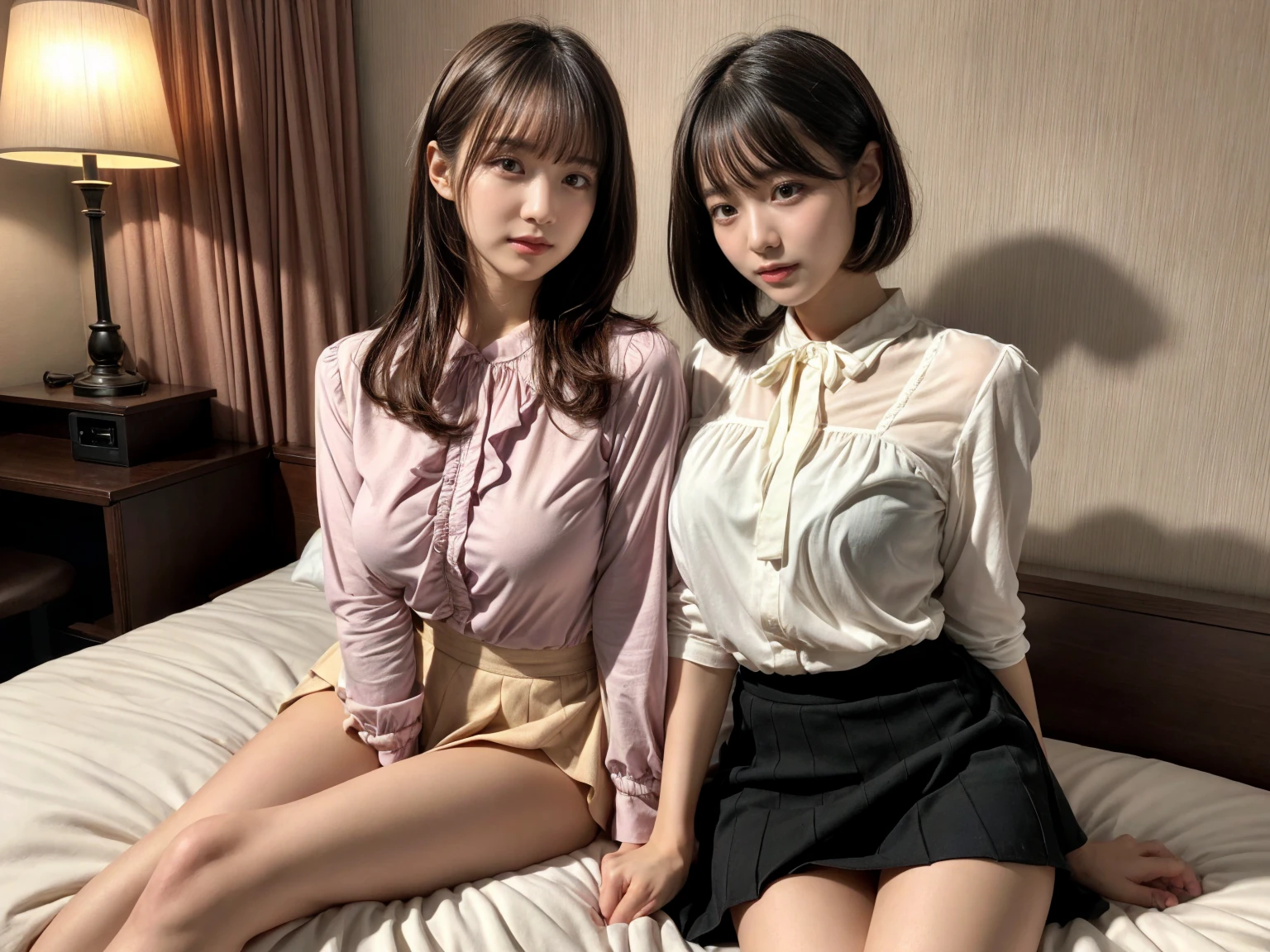 masterpiece, best quality, illustration, Super detailed, fine details, High resolution, 8K,wall paper, perfect dynamic composition,(Details High quality, realistic depiction of eyes:1.3), (2 girls), pink frilled shirt blouse, Black Frilled skirt, sitting, open legs, short bob hair, in a hotel room in the background, deep on field, large breasts, black hair color, Big Natural Color Lip, (perfect body shape), crying a little、Harajuku style、20 year old girl、cute type、beautiful legs, Gravure Idol