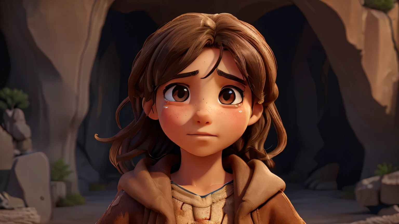 young girls crying with tears in their eyes, in worn brown robes, crying next to a rock cave, Israel 2nd century BC, detailed face, detailed eyes, detailed clothing, 1 man, detailed facial expressions, sad lighting, emotional, dramatic, moody, cinematic (best quality, 4k, 8k, high resolution, masterpiece: 1.2), ultra detailed, (realistic, photorealistic, photorealistic: 1.37), HDR, UHD, studio lighting, ultra-fine painting, sharp focus ,physically based rendering,extreme details description,professional,vivid colors,bokeh,biblical,historical,antique,dramatic