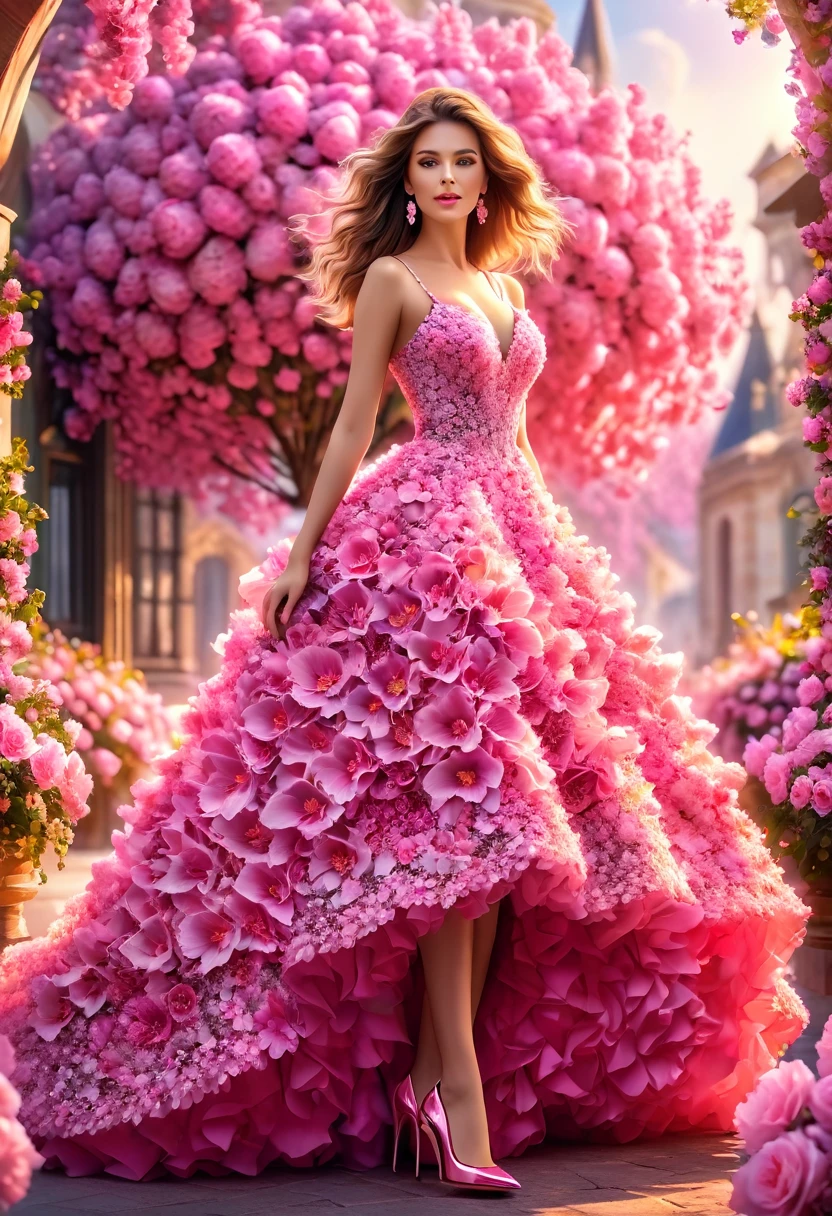 Best quality,4k, 8 K,a high resolution, masterpiece, unique, bright, perfect, well done, woman made from unripe lemon flowers, flower dress with wide bokeh skirt, stilettos, full length, dance pose,very detailed,realistic,realistic,студийное Photo,very No offer , Abstract fractal, romantic atmosphere, Photo, award-winning