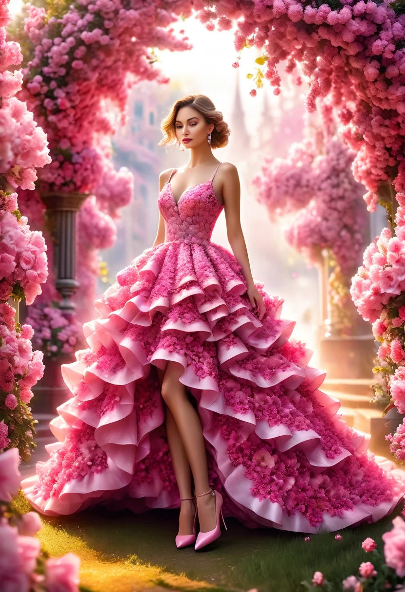 Best quality,4k, 8 K,a high resolution, masterpiece, unique, bright, perfect, well done, woman made of pink flowers, flower dress with wide bokeh skirt, pink stiletto shoes,full length,very detailed,realistic,realistic,студийное Photo,Very detailed,Dynamic,cinematic,masterpiece,difficult,HDR , Abstract fractal, romantic atmosphere, Photo, masterpiece, 