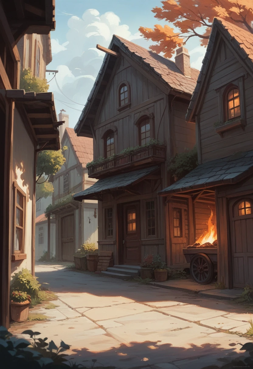 create an image of a house on fire on a quiet street, with the fire engine trying to put out the fire