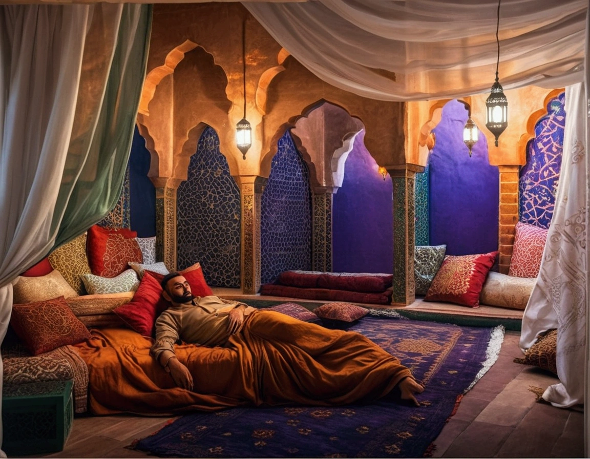 Arab man lying on an Arabic style bed filled with Arabic style pillows, the bed on the floor, with Moroccan fabric curtains