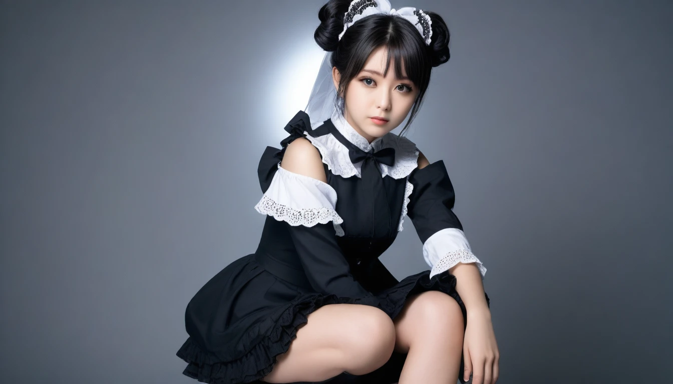 8k, Ultra-high resolution, Highest quality, masterpiece, 三分割法によるphotograph,Surreal, photograph, 1 Girl, (16 years old:1.3), pretty girl, Cute Face, Beautiful eyes in every detail, 細かくdetailedに,masterpiece,One Girl:1.2,Japanese female announcer,full body,Serious expression,Black short hair,Short ponytail,Sit in a big chair,((Fusion of Gothic Lolita and Lolita fashion:1.3)),Sit with your legs apart,Beautiful leg line beauty,bracelet, chest, choker, clavicle, Earrings,Gray background ,Perfect and beautiful face ,完璧でCute Face, Skin with attention to detail, Perfect limbs、Narrow waist,Looking at the audience,(((Ideal body type))),Aカップの小さなchest :2,Portraiture:2,Perfect Anatomy,鮮明なdetailed,detailed,Surreal,Light and shadow,spotlight