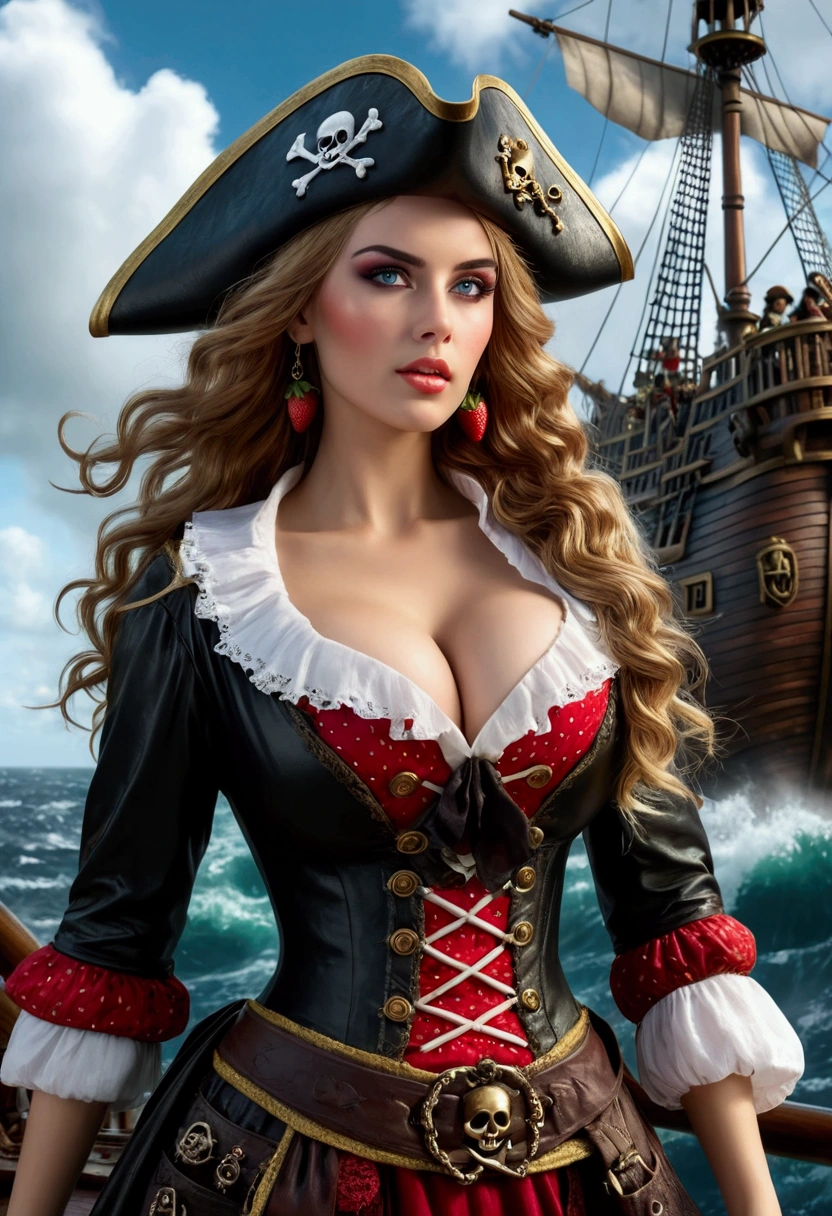 Gates McFadden (age 30) as a sky pirate, sexy over exposed revealing pirate outfit (alluring an d brave), pirate hat, sword and pistol at her side, on a red themed steampunk airship with crew, masterpiece, best quality, 8k, realistic, photorealistic, ultra-detailed, extremely detailed, sharp focus, vivid colors, professional, physically-based rendering, concept art