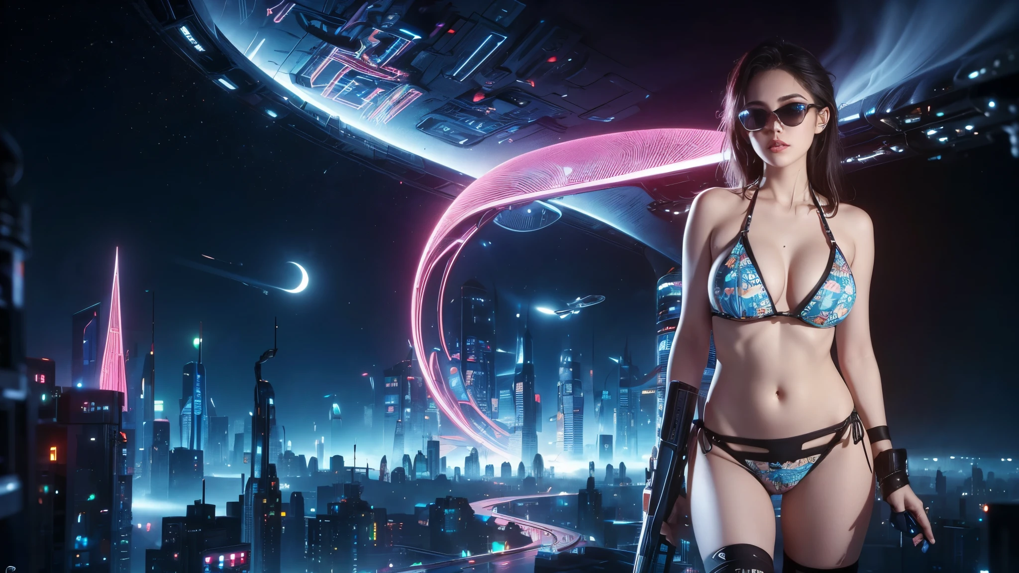 (((a medium-breast bikini slim GIRL with black micro sunglasses))), (((aiming at viewer with a pistol))), a balcony of a futuristic building, aerial view of an ultra-futuristic megalopolis, many metal buildings and houses in dark colors from dark blue to black, a cidade tem tons de cinza metal, has smoky metal structures , industrial environment with smoke and fog around, carros escuros nas ruas, desert megalopolis, trilhos e trens modernos de de metal passando estre as ruas da cidade, tall futuristic metal buildings, many ultra modern buildings around, realistic, detailed, sci-fi.
