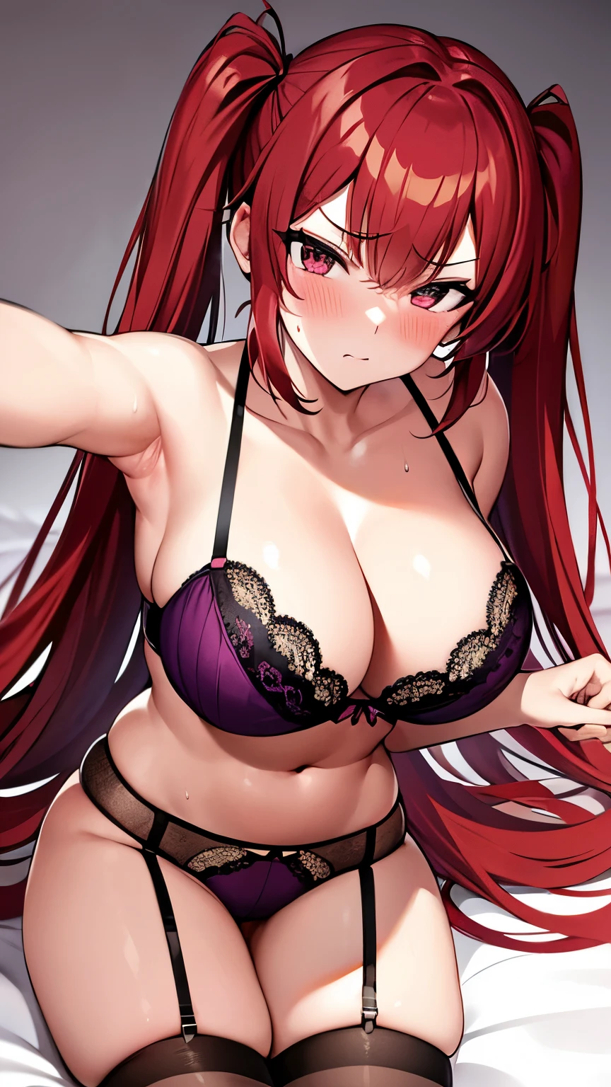 Sweaty beauty lying in bed,Red hair,Twin tail hair,blush,I was breathing heavily as if I had just exercised.,Glaring Face,Big Breasts,Moderately fleshy legs,Purple bra and panties,garter belt,Knee-high socks
