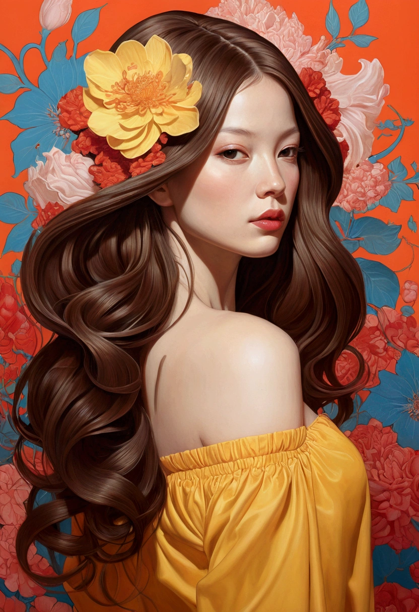 Painting of a woman with long hair and flowers, Ultra-fine detailed paintings inspired by James Jean, Reddit, neo-fauvism, James Jean and Petra Cortright, James Jean Mark, JamesJean」, James Jean Andrey Ryabovitchev, Kilian Eng: Vivid Colors, James Jean Soft Light 4K, Kilian Eng: Vivid Colors、Brown hair、Yellow clothes