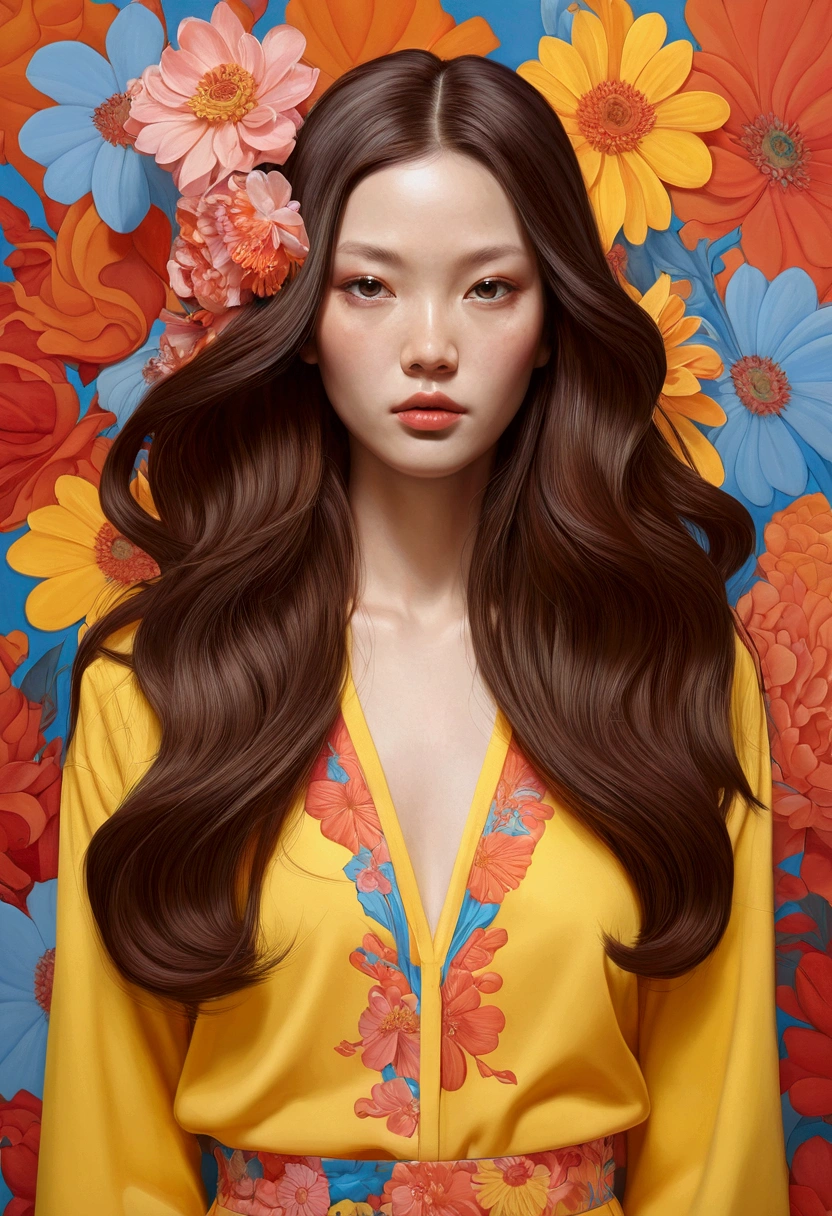 Painting of a woman with long hair and flowers, Ultra-fine detailed paintings inspired by James Jean, Reddit, neo-fauvism, James Jean and Petra Cortright, James Jean Mark, JamesJean」, James Jean Andrey Ryabovitchev, Kilian Eng: Vivid Colors, James Jean Soft Light 4K, Kilian Eng: Vivid Colors、Brown hair、Yellow clothes
