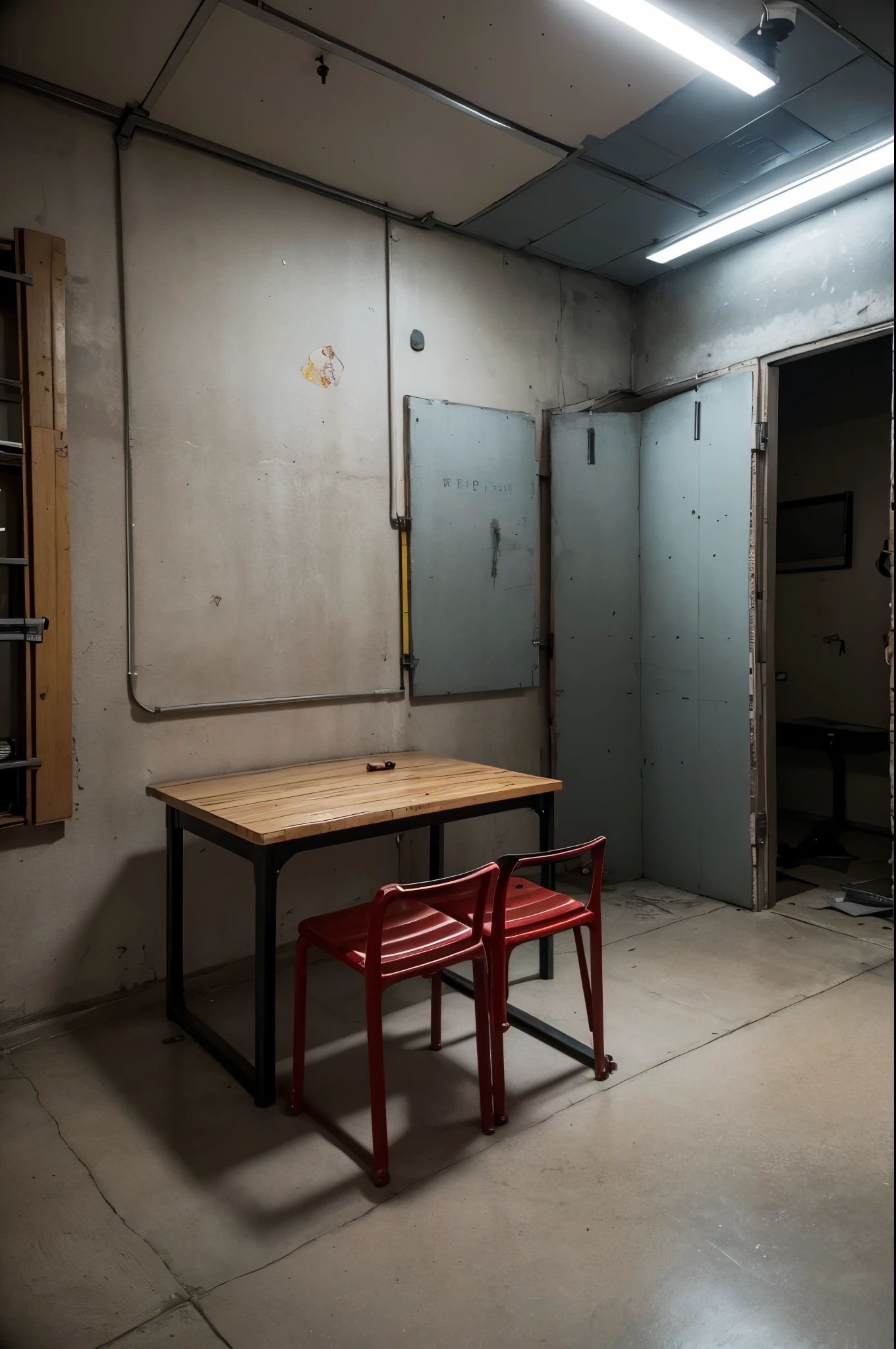 Generate an image of a prison activity room with a dark and eerie atmosphere. The room is spacious but dimly lit, with flickering lights on the ceiling. There are several tables and chairs arranged around the room for group activities, but they are old and worn. On one side, there is a bookshelf with a few tattered books and board games. On another side, there is a small area with rusty gym equipment like weights and a treadmill. The walls are made of rough, grey concrete, and there are some old, faded motivational posters and inmate artwork hanging on them. The overall mood should feel oppressive and unsettling, fitting the typical prison environment.*