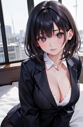 (1girl 24yo:1.3), (Realistic:1.4), (masterpiece, Highest quality, Highest quality, Official Art), Very detailed, Most detailed, (Very detailed), ((Very delicate and beautiful)), Cinematic Light, (Realistically:1.3), (Very detailedな肌:1.2), High resolution, 8k ウルトラHD, 4K, 8k, Bokeh, Digital single-lens reflex camera, Absurd, Optimal ratio of four fingers to one thumb, 
Long black hair、 Beautiful Face, Perfect Face, highly detailed Beautiful Face, 
cute, shy,A faint smile in a hotel room, Midnight,
Dynamic Angle, From above, 
((Wearing a black formal blazer)), ((White blouse with collar)), Cleavage, skirt, Lace pantyhose, White underwear,Large Breasts、
Please spread your legs a little, Kneel,Showing off your bra