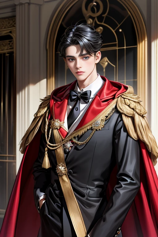 
masterpiece, 最high quality, high quality, 1 boy, alone, Male focus, Watching the audience,  Messy black hair, Adorable big blue eyes, White, Noble, Noble,A sexy, voluminous, puffy cape、tuxedo、A very voluminous, large, very large, very large, long, long red and black cape with a high stand-up collar, made of a lot of fabric that reaches down to the floor., 17 years old,Cute beautiful boys,Cute, cute, kind, handsome guy
