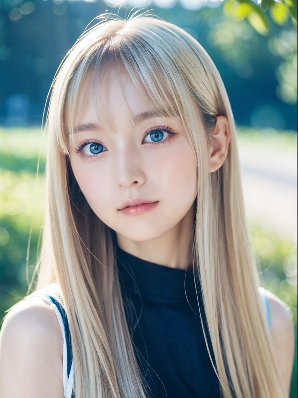 Beautiful white and shining skin、Blonde hair color changes depending on the light、Long bangs obstruct the view、Highlights of cheek luster、Sexy, very beautiful, lovely, cute, gorgeous face、The most beautiful face in the world、Super long gorgeous blonde hair、Smooth straight hair、big, Sparkling light blue eyes、double eyelid、Beautiful Bangs、Beautiful cute girl 18 years old