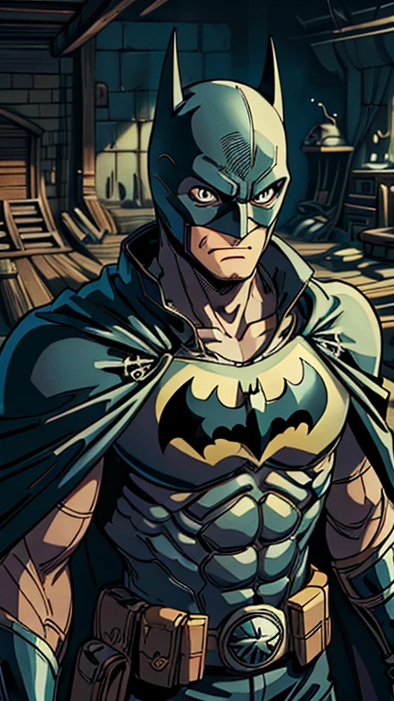 (1man, Batman), (extremely detailed CG unit 8k wallpaper),(master part), (best quality), (ultra detail), (best illustration),(ghibli style), cowboy shot, (Sharp eyeliner, ombre, detail eyes:1), dark batcave interiors background, ,break , (salvagepirateworld), upper body, camisa, black helmet, black domino mask, black cape