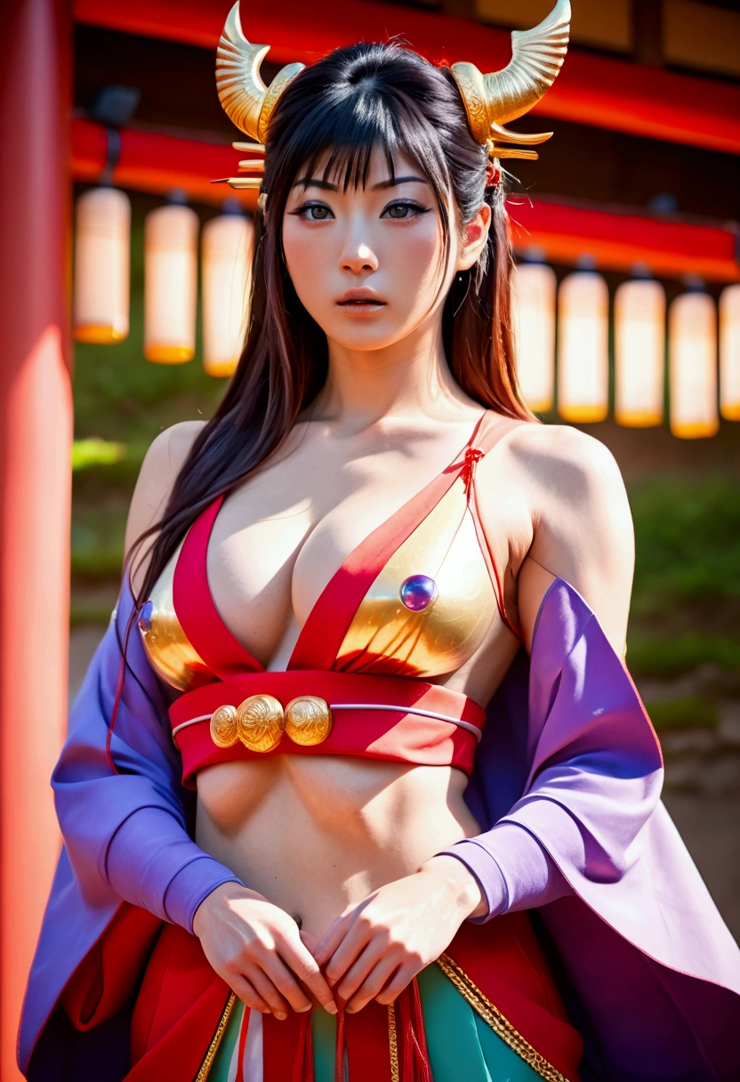 Beautiful Shrine Maiden: , Age 25, (Japanese Gods:1.6), Large Breasts, romanticism painting, beautiful Perfect Face, Soft Skin, Perfect Face, Large and firm breasts, Hard nipples, Muscular, Exposing breasts, Cleavage is exposed, Add light purple and purple, Add Light Red, Intricate details, Splash screen, 8k resolution, masterpiece, dynamic sexy pose, Sweat, long red cape, (Background of the shrine grounds, performer, ), Rainbow light, Sharp eyes, break, Strong winds, Colorful light,