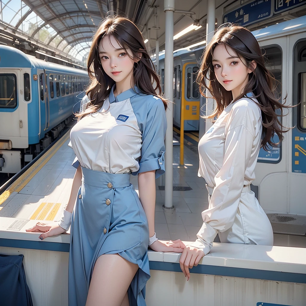 Only one female, Are standing, (Extend your arms towards the viewer:1.1) (Point with your index finger:1.2), (conductor) (Calm blue uniform) Have, Mature Woman, /(Brown Hair/) bangs, (A light smile:0.8), (Masterpiece Top quality:1.2) Delicate illustrations, super detailed, Large Breasts, White Glove Break (Station platform:1.2), (Trains that have stopped), roof, Crowded, noon, Detailed Background