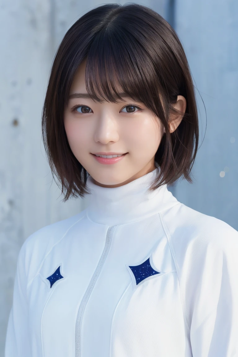 masterpiece, Highest quality, One Woman, (White space suit、turtleneck:1.2), 22 years old、(RAW Photos, Highest quality), (reality, Realistic:1.4), Upper Body、Clean look、Iris、very detailed eyes and face, Beautiful and detailed nose, beautiful eyes, Perfect Anatomy、Black short hair、bangs、Crystal skin, A cool smile、Face Focus、Movie Proof、night、The background is a starry sky