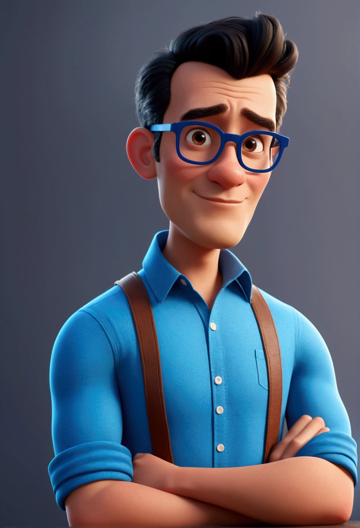 cartoon character de um homem de óculos escuros olhos azuis e camisa azul, animation character, stylized character, animation style rendering, 3d stylized, Arnold Maya rendering, Stylized 3D rendering, toon render screenshot, 3d character, 3d character, Stylized 3D rendering, 3D character rendering, cartoon character, Personagem de close up, character posing,  (Pixar-style) (master part:1.2) (bokeh) (best quality) (skin detailed) (detailed texture) (8k) (Argilla) (cinematic lighting) (sharp focus