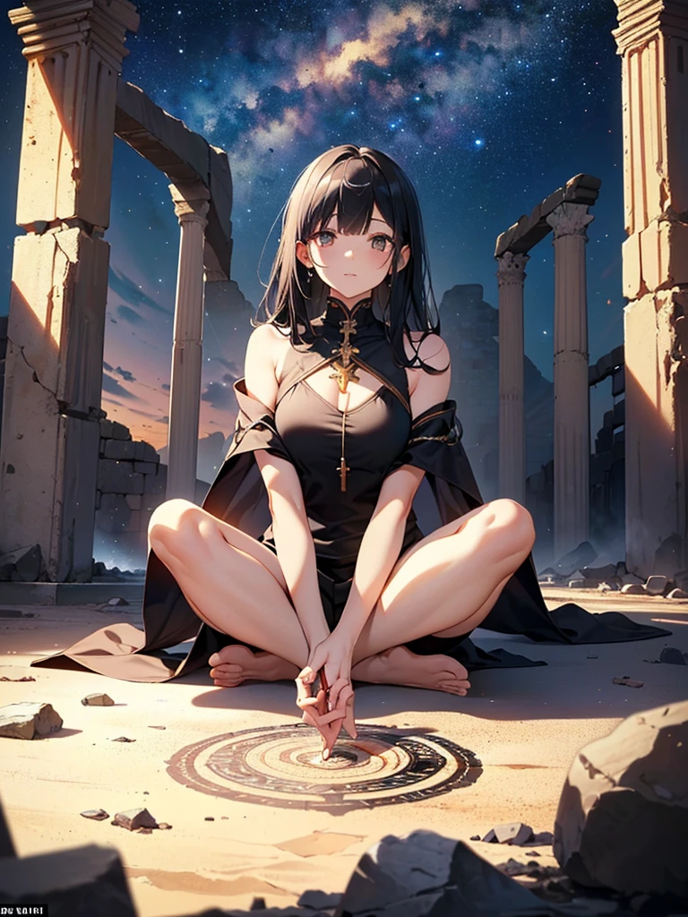 (Spiritual Imagery:1.3), Mature woman with long black hair and wearing white clothes, (On the rocks of the desert:1.2), (Meditate on the magic circle drawn on the ground:1.2, Under the stars:1.3, Sit in Indian style:1.5, Yoga poses:1.1, With legs apart and knees raised:1.5, Sitting cross-legged:1.5, Rip your arms apart and spread them out:1.3, in Arabic ancient ruins:1.3), (Floating Bible:1.2), Arabic, (Post-apocalyptic:0.2), From Arknights, Gweiz-style artwork, bodybian, The finer details. Girls' Frontline, Beautiful anime illustrations, from Girls' Frontline, Jan J, amazing, 28 years old, (Mature Woman:1.3), (alone:1.5), (software:1.25), (medium breasts , Narrow waist, Big Ass:1.2), Raised to be sexy, (Dark mahogany medium short hair, Updo, Hair on one eye, Asymmetrical Hair, Curly Hair, Low braid),(Muslim, White scarf, hair band, Today my head, turbaned), (Ultra-high resolution, 8K RAW Photos, Photorealistic, Thin contours:1.3, Clear focus), Highest quality, Cinema Lighting, Fabric Shading, Blurred Background, Depth of written boundary, Bokeh, (Bright Eyes, Beautiful eyes with fine highlights:1.3, A face with attention to detail), Red lips, Realistic Skins:1.1, Surveying your audience:1.3, (Dynamic Angle:1.3, Front view:1.1, Tight Focus:1.3, From above:1.2), (Dynamic pose:1.5, Sexy pose:1.2, Leaning forward), ((Open your mouth:1.3)), (A seductive smile:1.2), Centered Images, (Wearing a white long jacket and clothes, Wearing a white robe:1.3, ((Bare Chest:1.37)), Platinum Jewelry, Wrap white clothes around your waist, Dark brown long leather boots:1.3, Translucent lace pantyhose), (((Correct Anatomy:1.5))), ((Outdoor:1.2, Overnight:1.3)),
