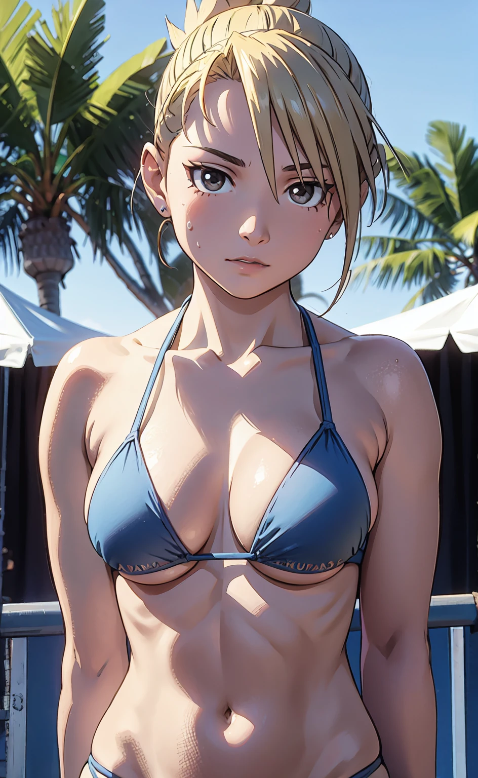 masterpiece, Highest quality, High resolution, One Girl, Hamriz, ponytail, Brown eyes,big , Micro Bikini、Beach,Outdoor、Upper body close-up、Muscular body、blush、Sweat、Composition from the front、anime、(((Light blue bikini、Stand in front、audience、Look forward)))