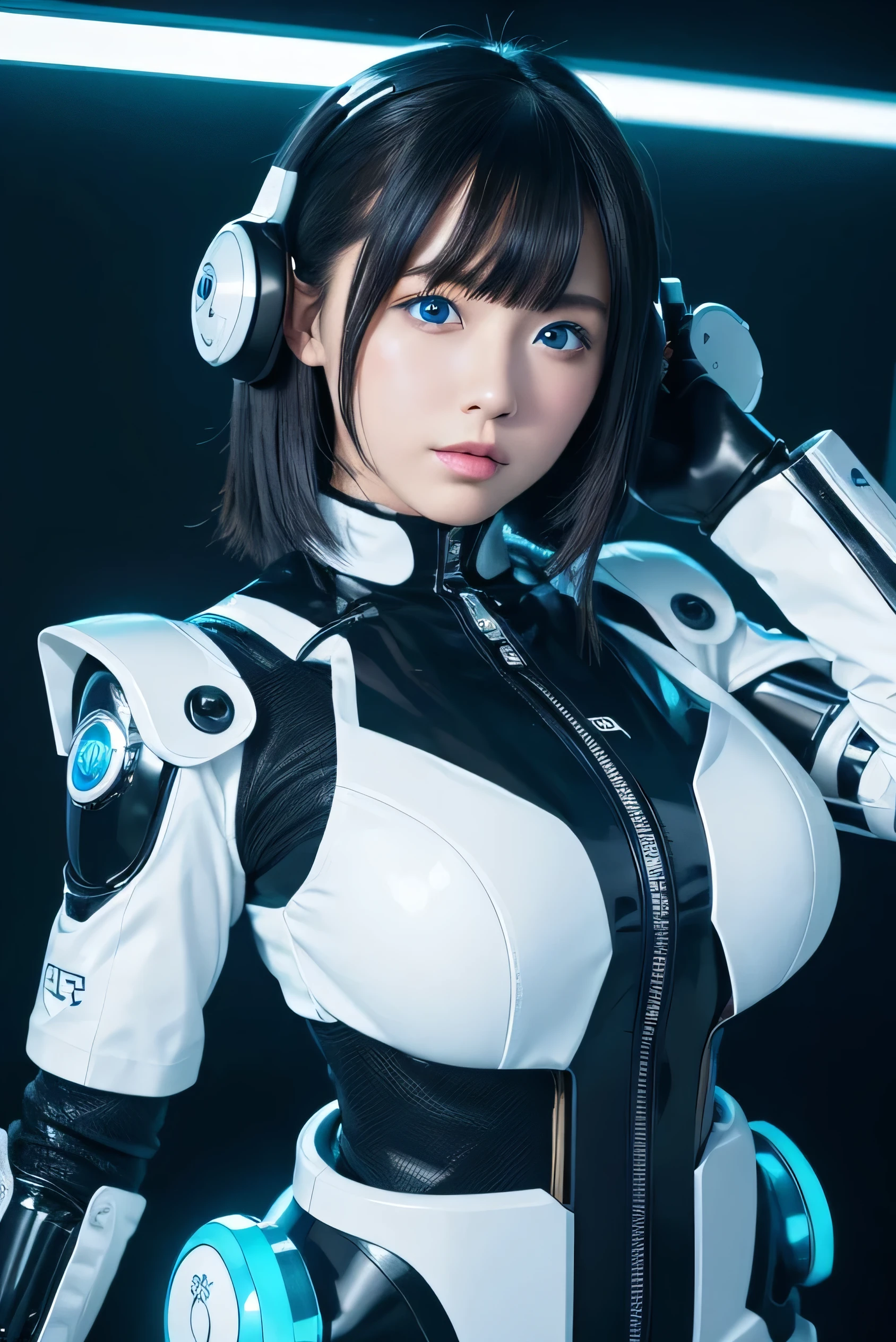 masterpiece, Best Quality, Extremely detailed, 8K Portrait,Japanese android girl,Plump,control panels,android,Droid,Mechanical Hand, ,Robot arms and legs, Black hair,Mechanical body,Blunt bangs,Charging spot,mechanical ear covers,android,robot humanoid,White robot body,mechanical ear covers,White and aqua uniform,aqua accent costume,mittens,blue eyes