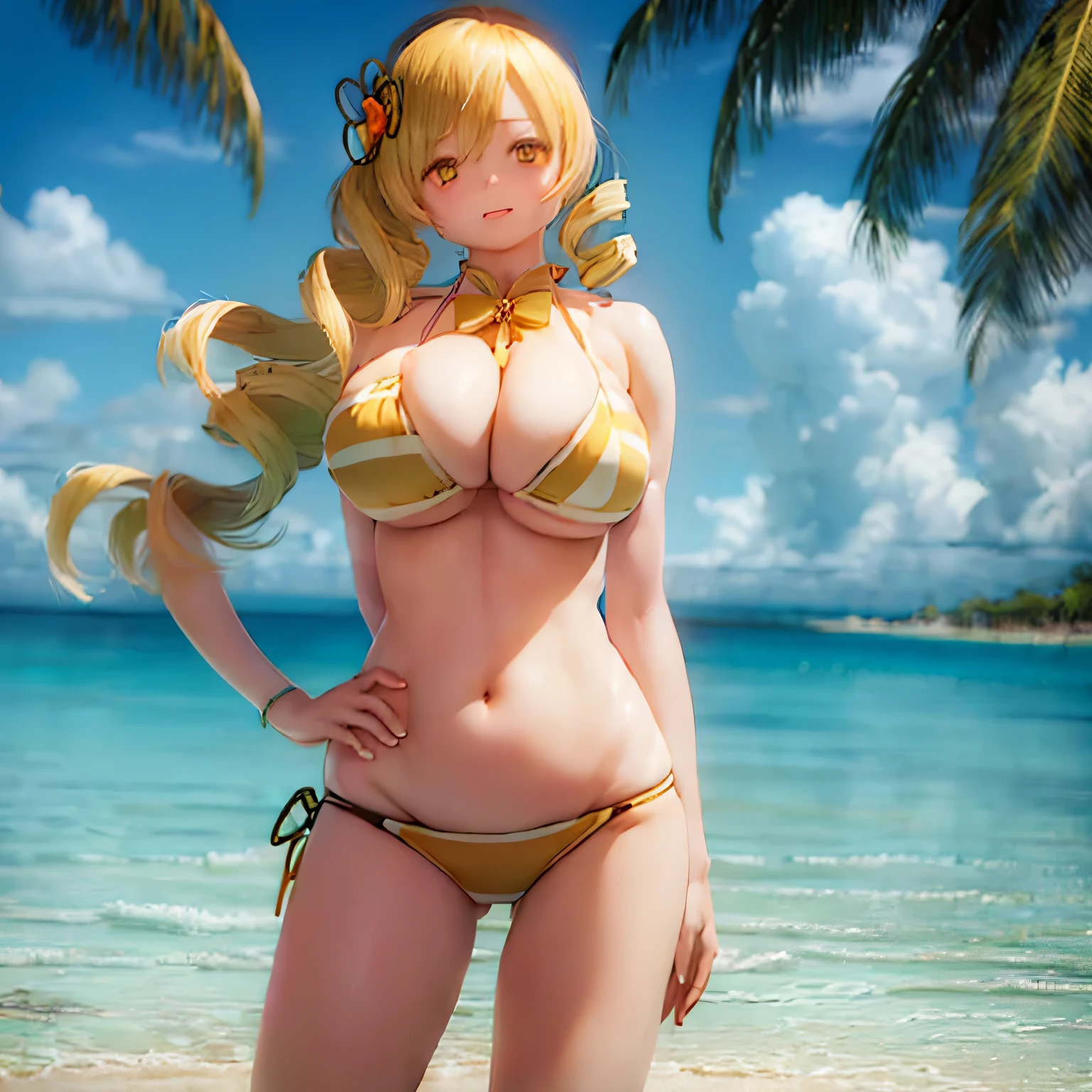 (hIgh qualIty, realIstIc), ((((((bikini)))))))I, vIbrant colors, tropIcal paradIse, beautIful detaIled eyes, long flowIng haIr, golden tan skIn, sparklIng ocean background, sun-kIssed glow, exotIc flowers, palm trees swayIng In the breeze,, Crystal clear water, refreshIng sea breeze, summer paradIse vIbes. (((gIgantIc breast)))(((beautIful breasts)))whole body、feet